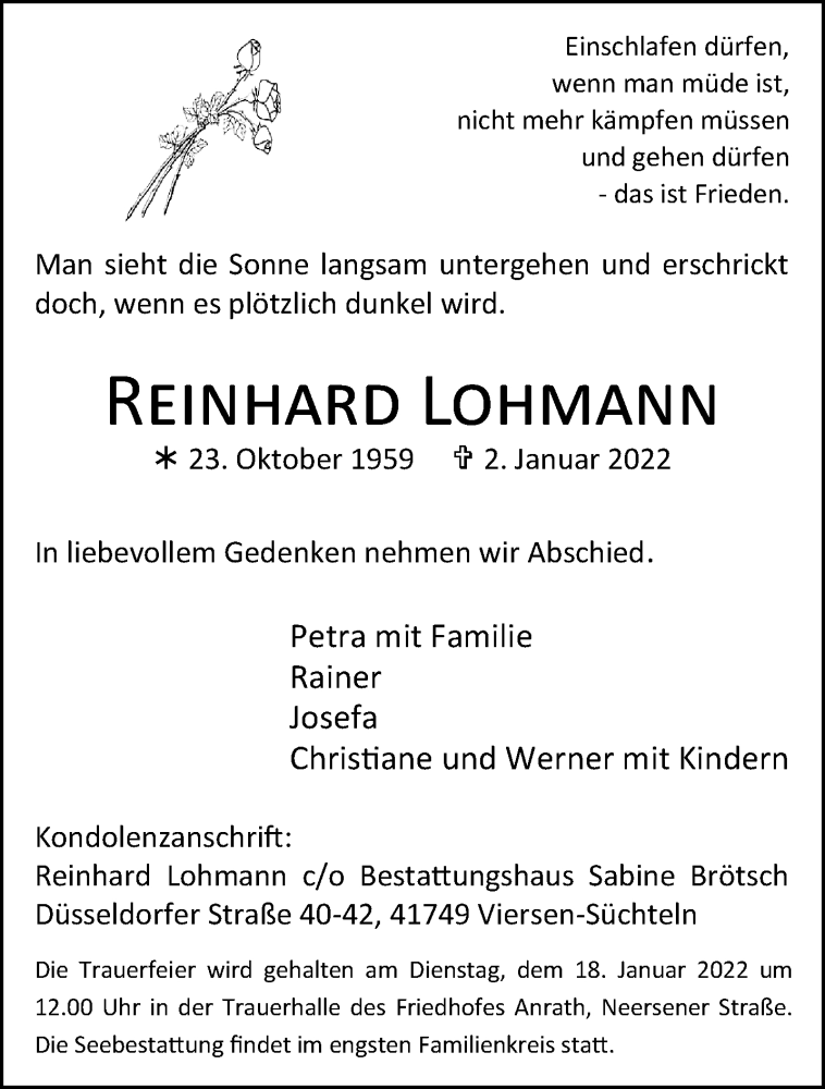  Traueranzeige für Reinhard Lohmann vom 16.01.2022 aus trauer.extra-tipp-moenchengladbach.de