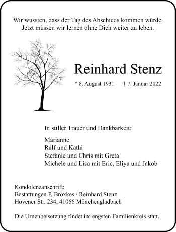 Traueranzeige von Reinhard Stenz von trauer.extra-tipp-moenchengladbach.de
