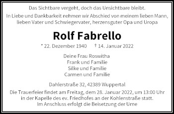 Traueranzeige von Rolf Fabretto von trauer.wuppertaler-rundschau.de
