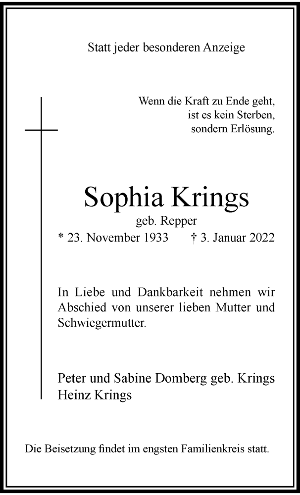  Traueranzeige für Sophia Krings vom 09.01.2022 aus trauer.extra-tipp-moenchengladbach.de