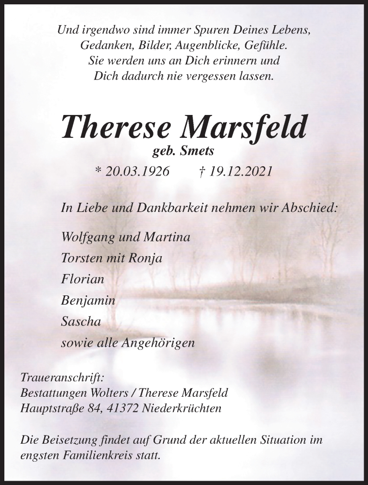  Traueranzeige für Therese Marsfeld vom 09.01.2022 aus trauer.extra-tipp-moenchengladbach.de