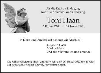 Traueranzeige von Toni Haan von trauer.extra-tipp-moenchengladbach.de