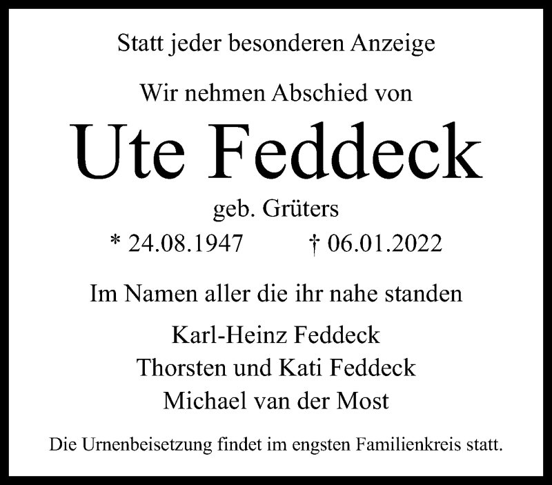  Traueranzeige für Ute Feddeck vom 16.01.2022 aus trauer.mein.krefeld.de