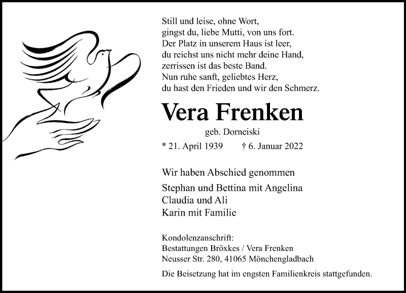  Traueranzeige für Vera Frenken vom 16.01.2022 aus trauer.extra-tipp-moenchengladbach.de