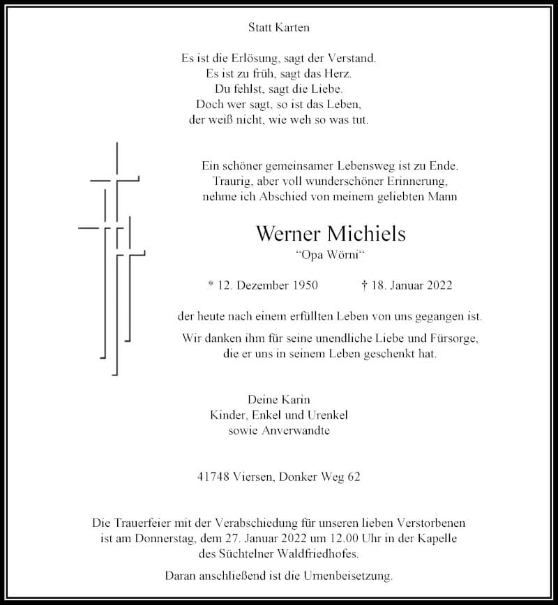  Traueranzeige für Werner Michiels vom 23.01.2022 aus trauer.extra-tipp-moenchengladbach.de