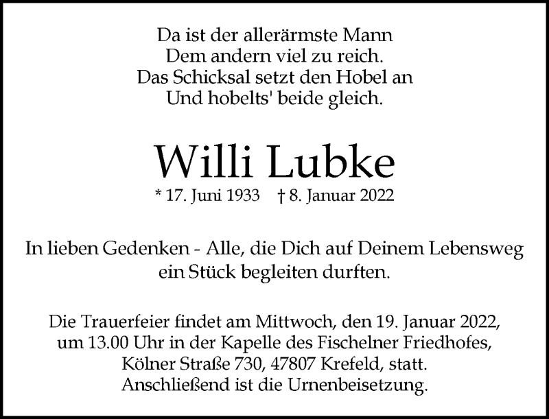  Traueranzeige für Willi Lubke vom 16.01.2022 aus trauer.mein.krefeld.de