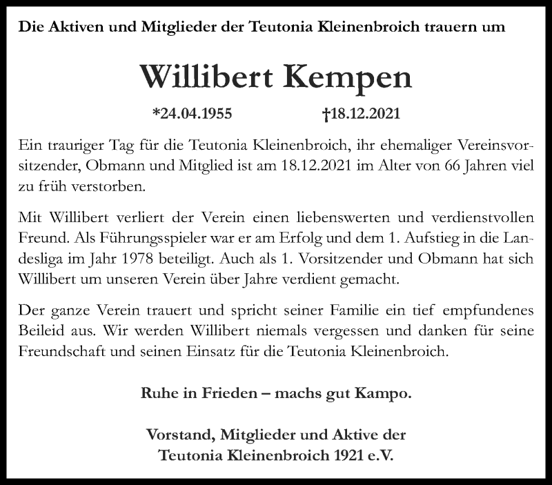  Traueranzeige für Willibert Kempen vom 16.01.2022 aus trauer.extra-tipp-moenchengladbach.de