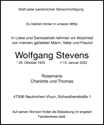 Traueranzeige von Wolfgang Stevens von trauer.mein.krefeld.de