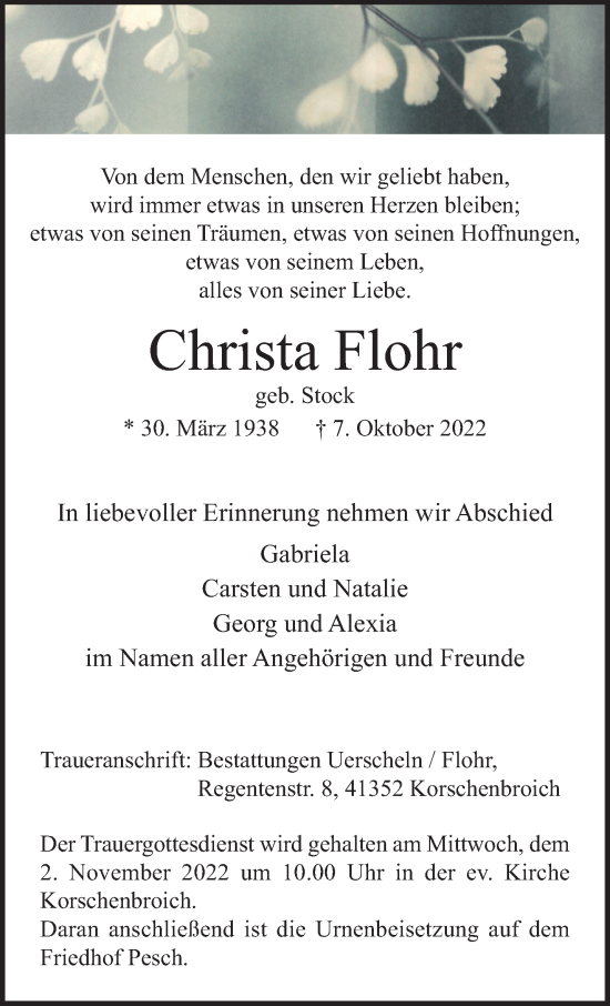 Traueranzeige von Christa Flohr von trauer.extra-tipp-moenchengladbach.de