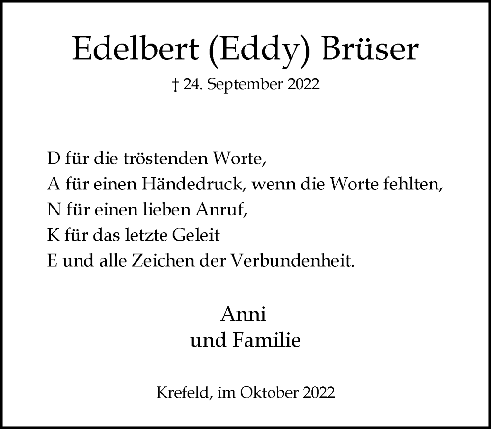  Traueranzeige für Edelbert Brüser vom 23.10.2022 aus trauer.mein.krefeld.de