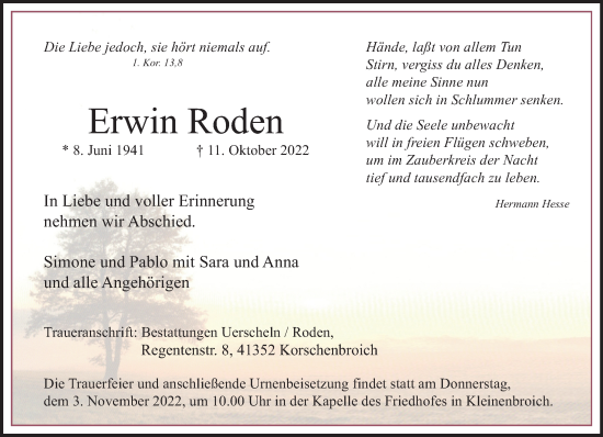 Traueranzeige von Erwin Roden von trauer.extra-tipp-moenchengladbach.de