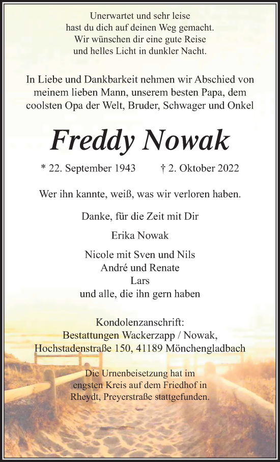 Traueranzeige von Freddy Nowak von trauer.extra-tipp-moenchengladbach.de