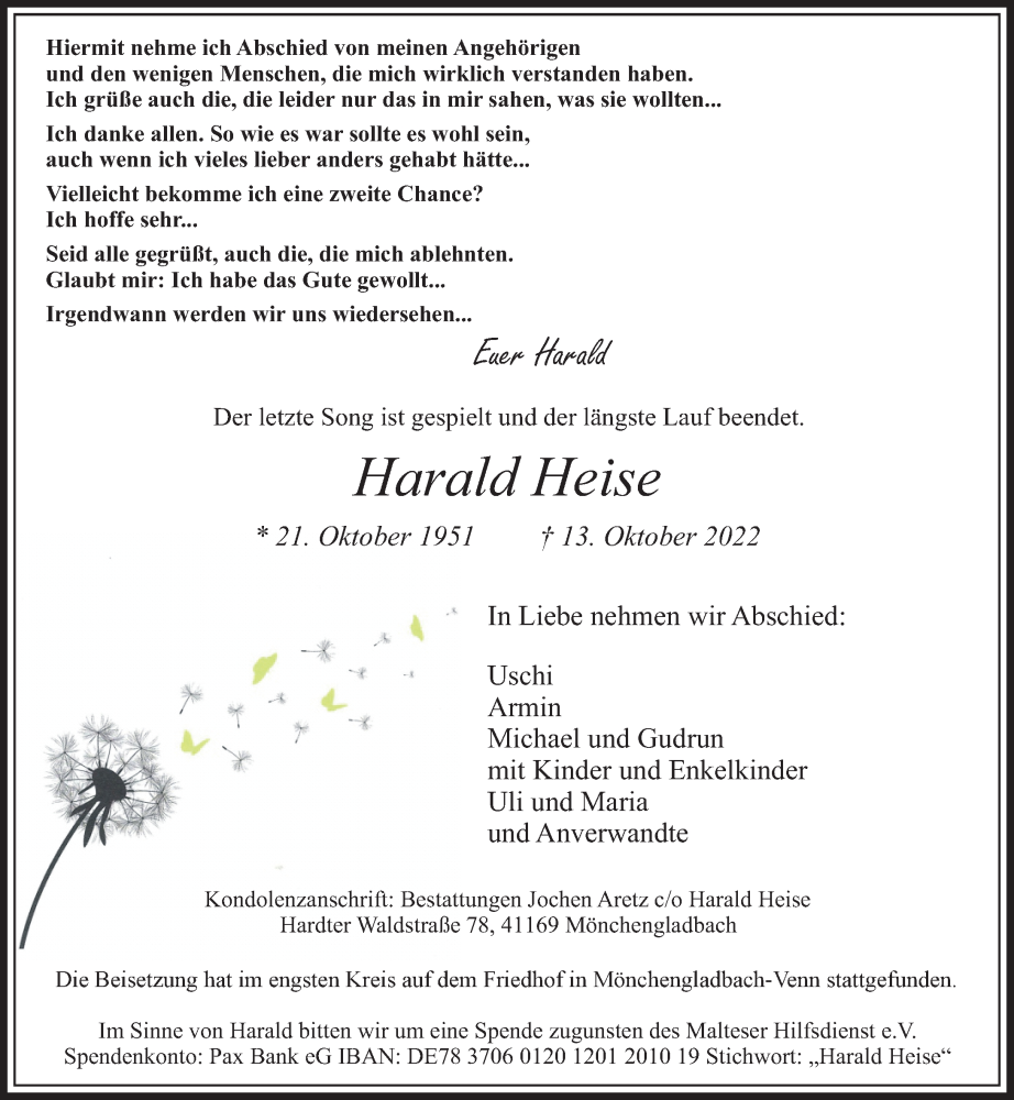  Traueranzeige für Harald Heise vom 23.10.2022 aus trauer.extra-tipp-moenchengladbach.de
