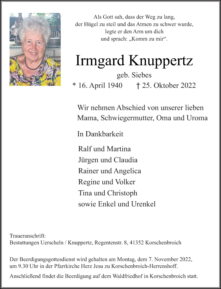  Traueranzeige für Irmgard Knuppertz vom 30.10.2022 aus trauer.extra-tipp-moenchengladbach.de