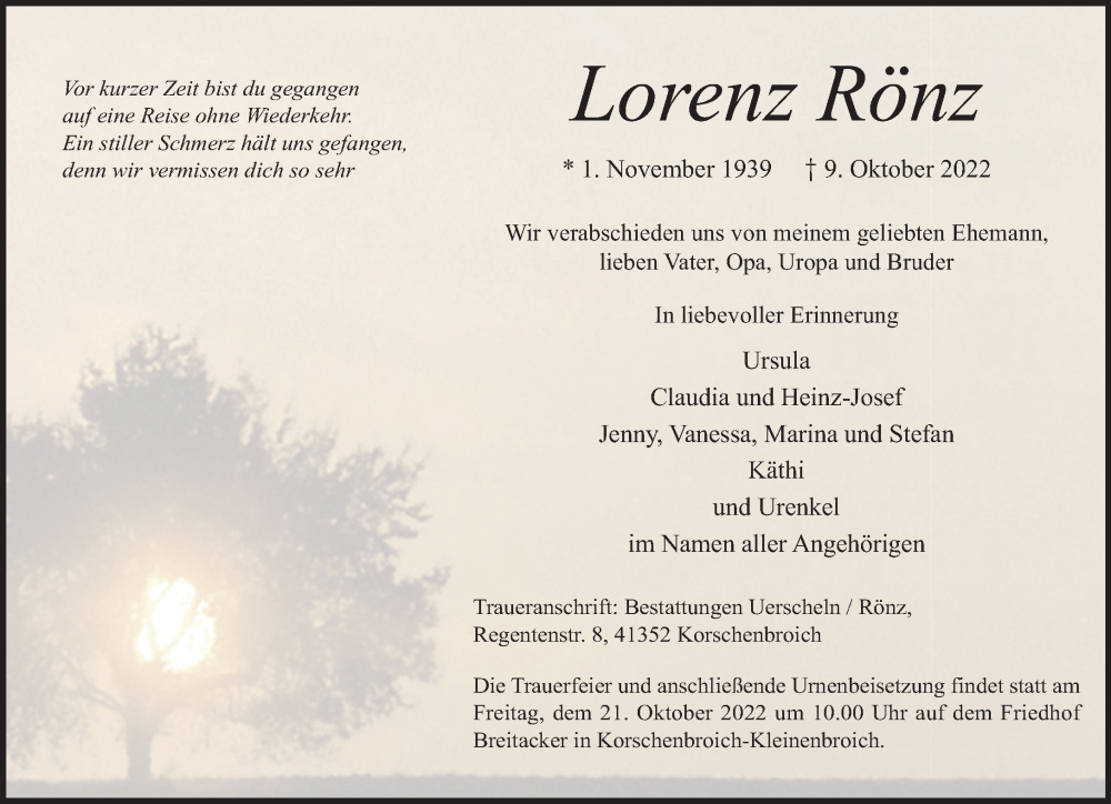  Traueranzeige für Lorenz Rönz vom 16.10.2022 aus trauer.extra-tipp-moenchengladbach.de