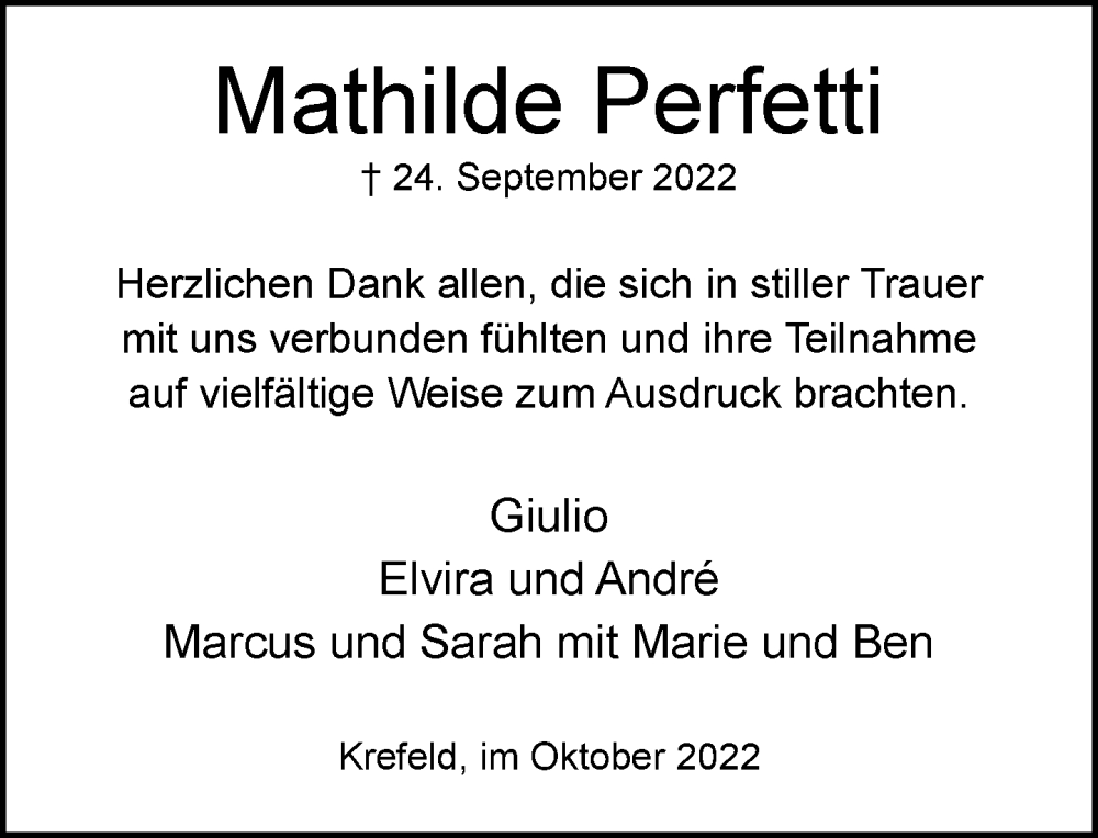  Traueranzeige für Mathilde Perfetti vom 23.10.2022 aus trauer.mein.krefeld.de