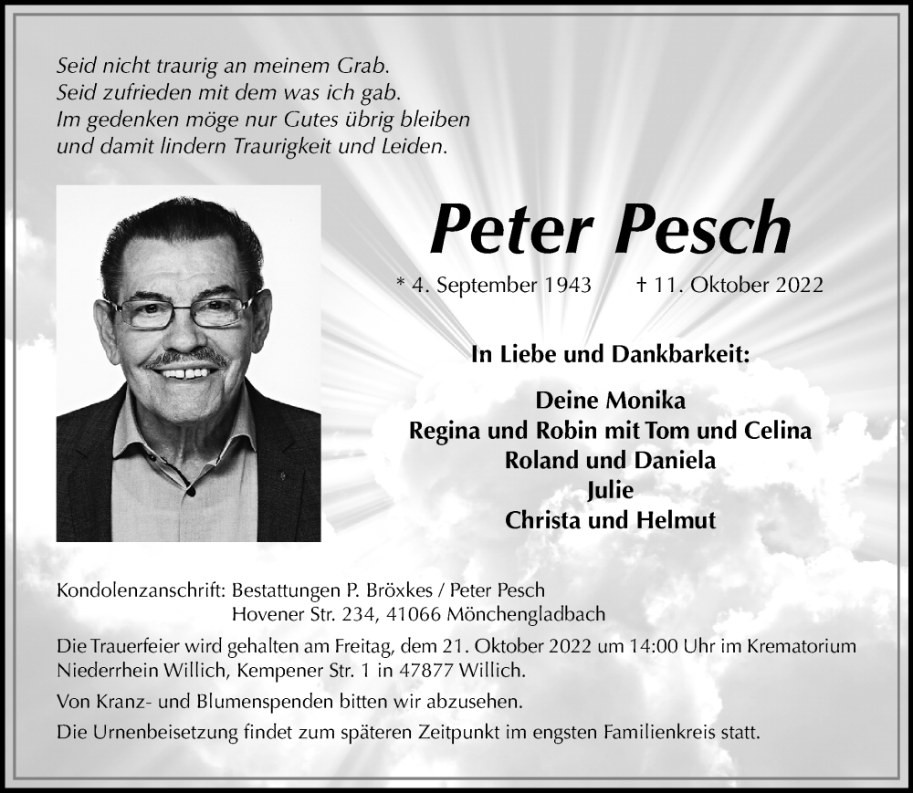  Traueranzeige für Peter Pesch vom 16.10.2022 aus trauer.extra-tipp-moenchengladbach.de