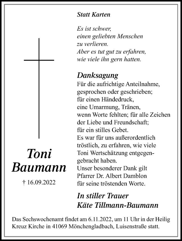  Traueranzeige für Toni Baumann vom 23.10.2022 aus trauer.extra-tipp-moenchengladbach.de