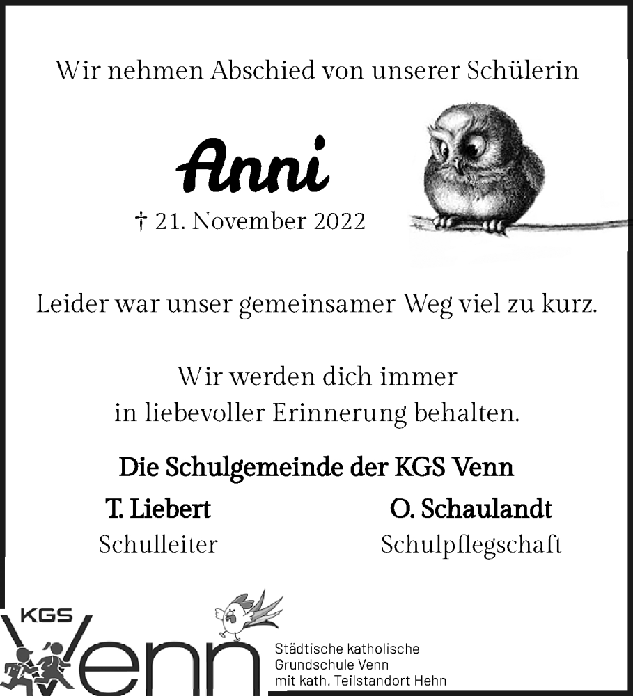  Traueranzeige für Anni  vom 27.11.2022 aus trauer.extra-tipp-moenchengladbach.de