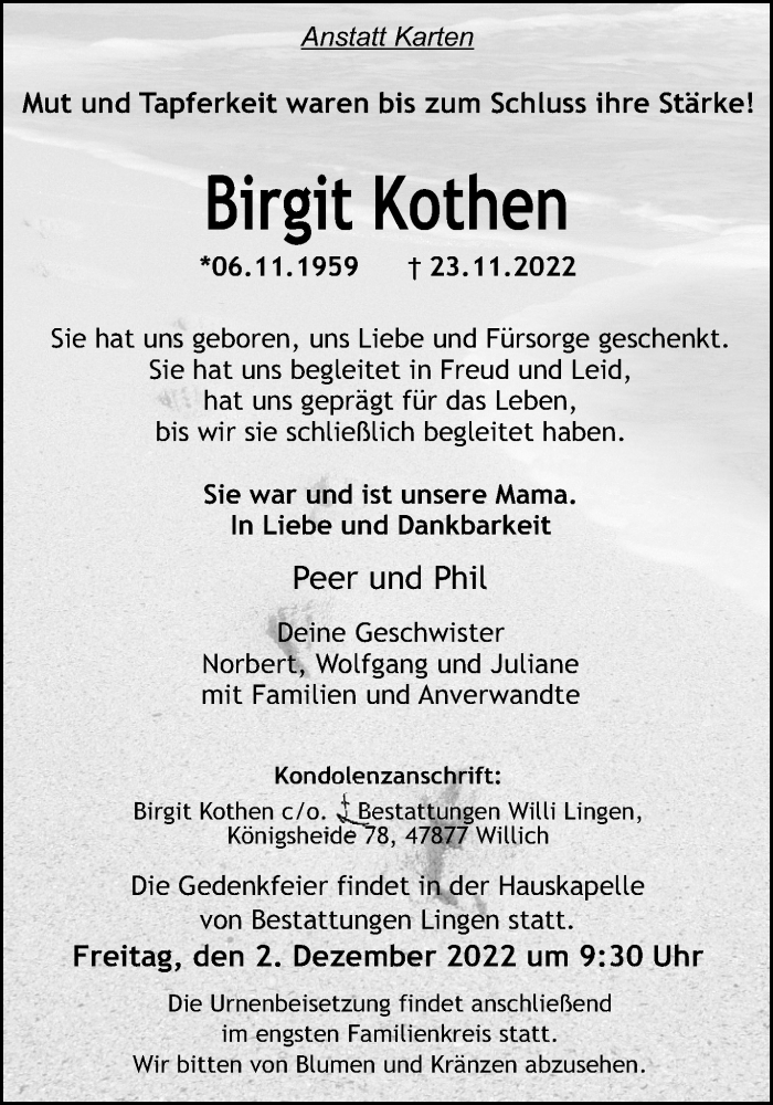  Traueranzeige für Birgit Kothen vom 27.11.2022 aus trauer.extra-tipp-moenchengladbach.de