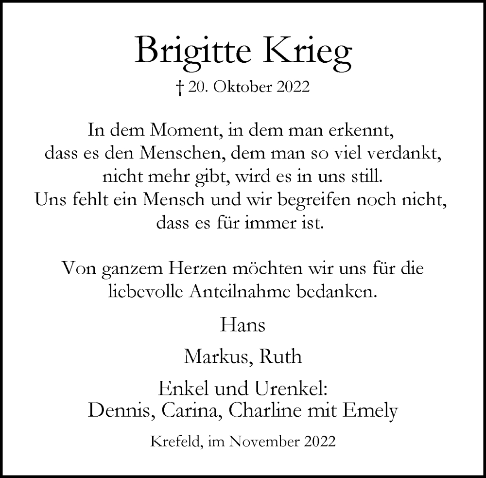  Traueranzeige für Brigitte Krieg vom 27.11.2022 aus trauer.mein.krefeld.de