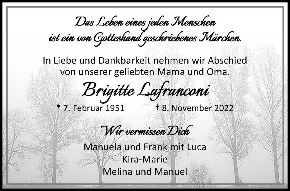 Traueranzeige für Brigitte Lafranconi vom 20.11.2022 aus trauer.mein.krefeld.de