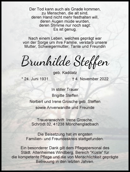 Traueranzeige von Brunhilde Steffen von trauer.extra-tipp-moenchengladbach.de