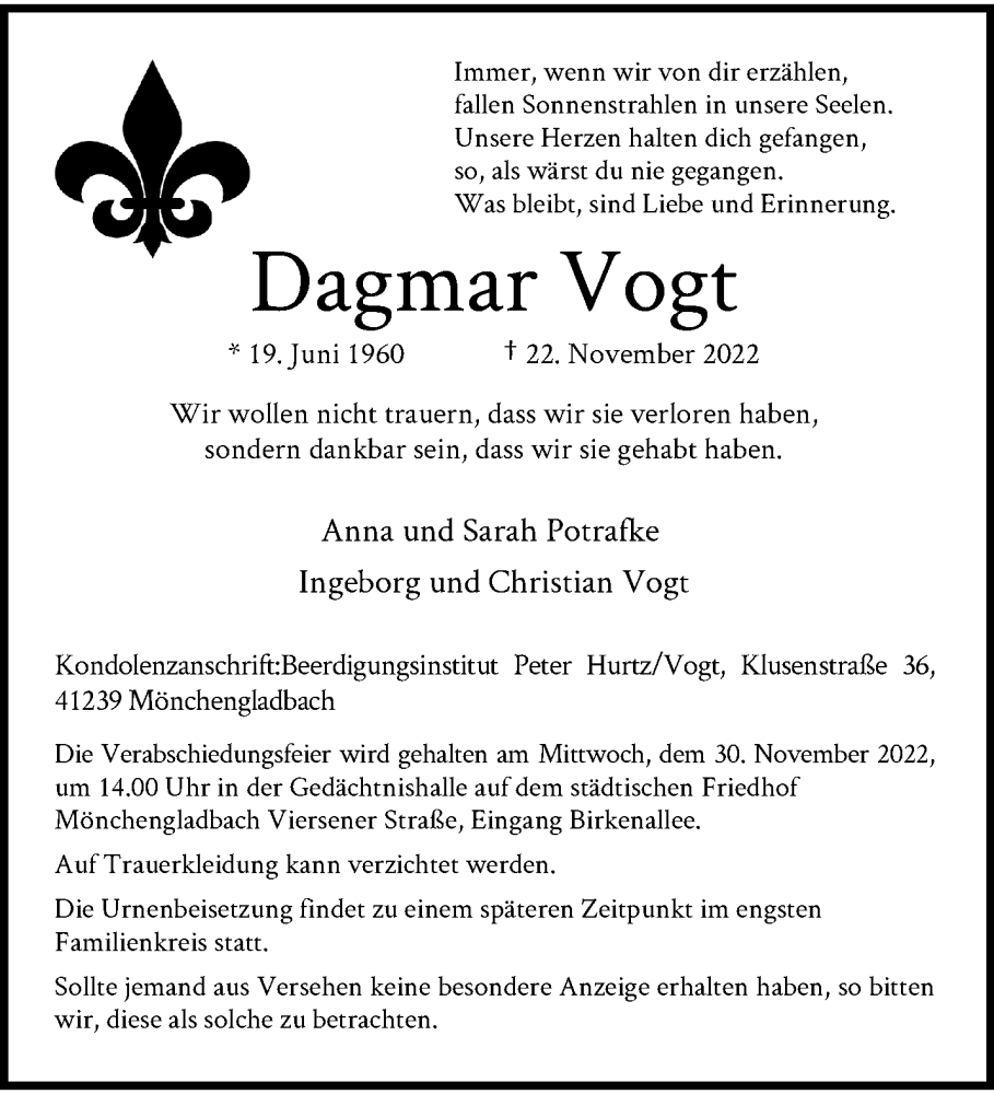  Traueranzeige für Dagmar Vogt vom 27.11.2022 aus trauer.extra-tipp-moenchengladbach.de