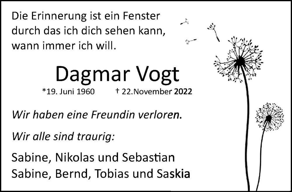  Traueranzeige für Dagmar Vogt vom 27.11.2022 aus trauer.extra-tipp-moenchengladbach.de