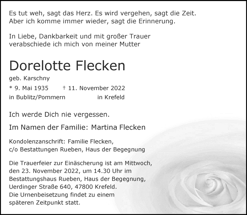  Traueranzeige für Dorelotte Flecken vom 20.11.2022 aus trauer.mein.krefeld.de