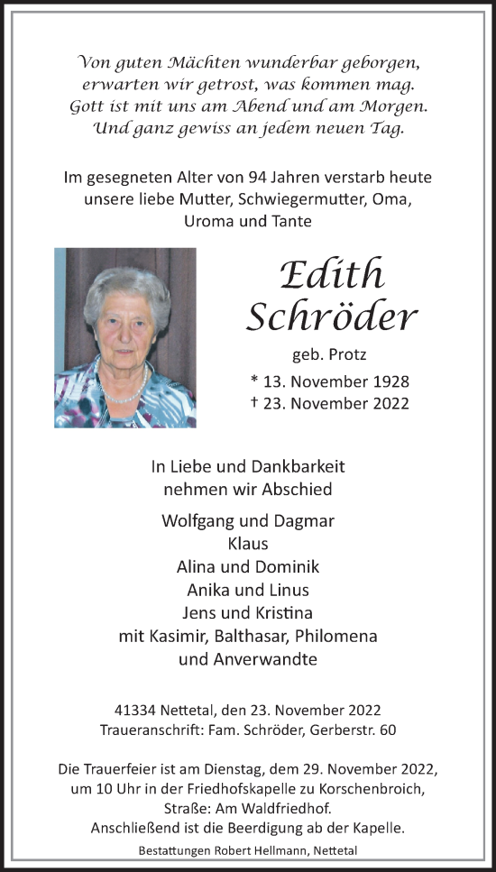 Traueranzeige von Edith Schröder von trauer.extra-tipp-moenchengladbach.de