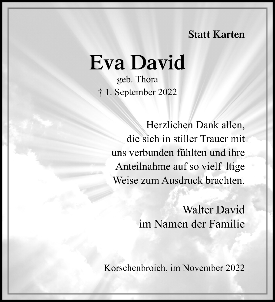  Traueranzeige für Eva David vom 06.11.2022 aus trauer.extra-tipp-moenchengladbach.de