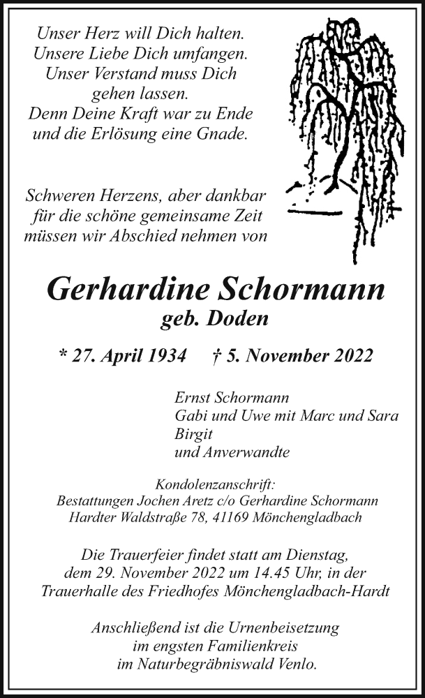  Traueranzeige für Gerhardine Schormann vom 27.11.2022 aus trauer.extra-tipp-moenchengladbach.de