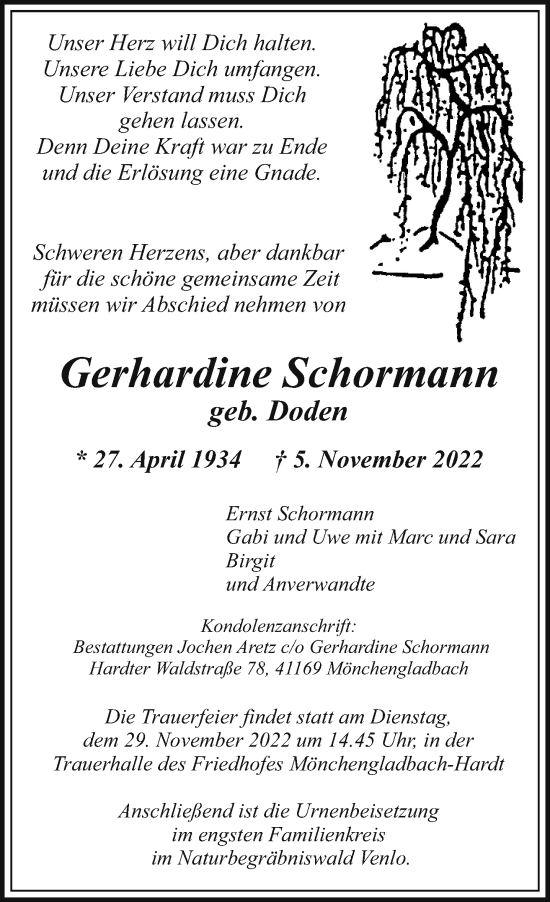Traueranzeige von Gerhardine Schormann von trauer.extra-tipp-moenchengladbach.de
