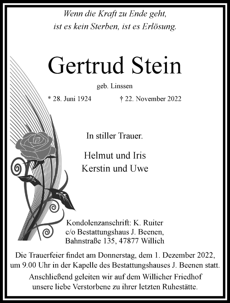  Traueranzeige für Gertrud Stein vom 27.11.2022 aus trauer.extra-tipp-moenchengladbach.de