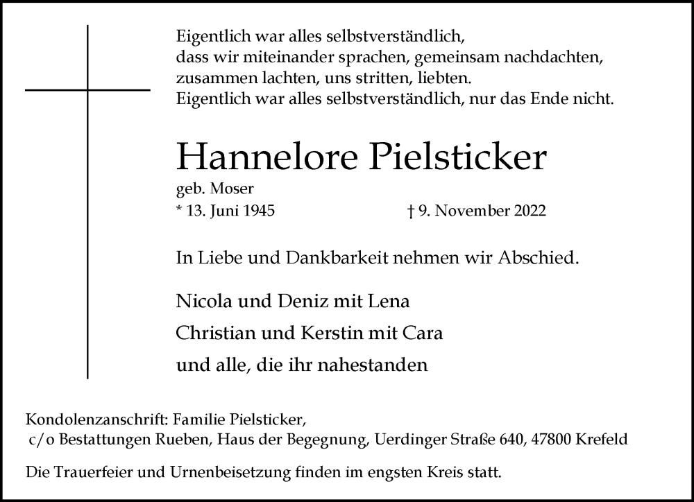  Traueranzeige für Hannelore Pielsticker vom 20.11.2022 aus trauer.mein.krefeld.de