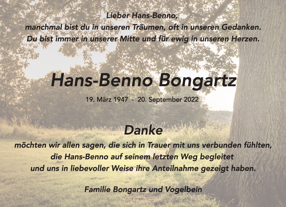  Traueranzeige für Hans-Benno Bongartz vom 27.11.2022 aus trauer.extra-tipp-moenchengladbach.de