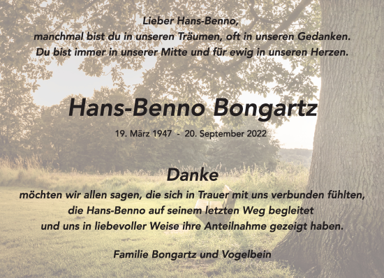 Traueranzeige von Hans-Benno Bongartz von trauer.extra-tipp-moenchengladbach.de