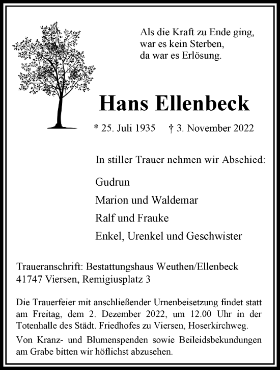 Traueranzeige von Hans Ellenbeck von trauer.extra-tipp-moenchengladbach.de