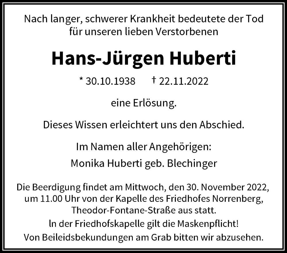  Traueranzeige für Hans-Jürgen Huberti vom 26.11.2022 aus trauer.wuppertaler-rundschau.de