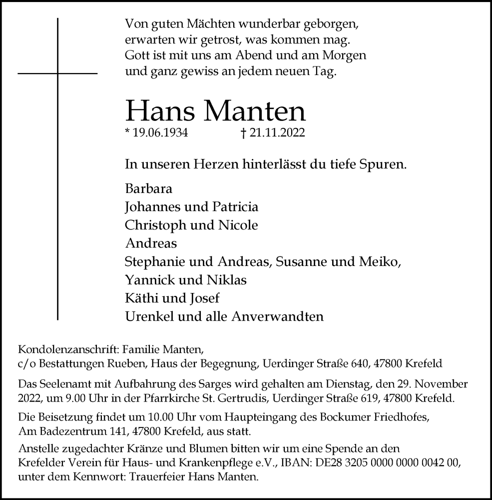  Traueranzeige für Hans Manten vom 27.11.2022 aus trauer.mein.krefeld.de