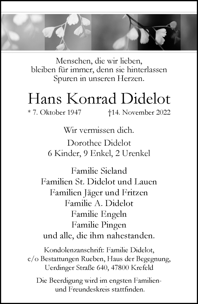  Traueranzeige für Hans Konrad Didelot vom 20.11.2022 aus trauer.mein.krefeld.de
