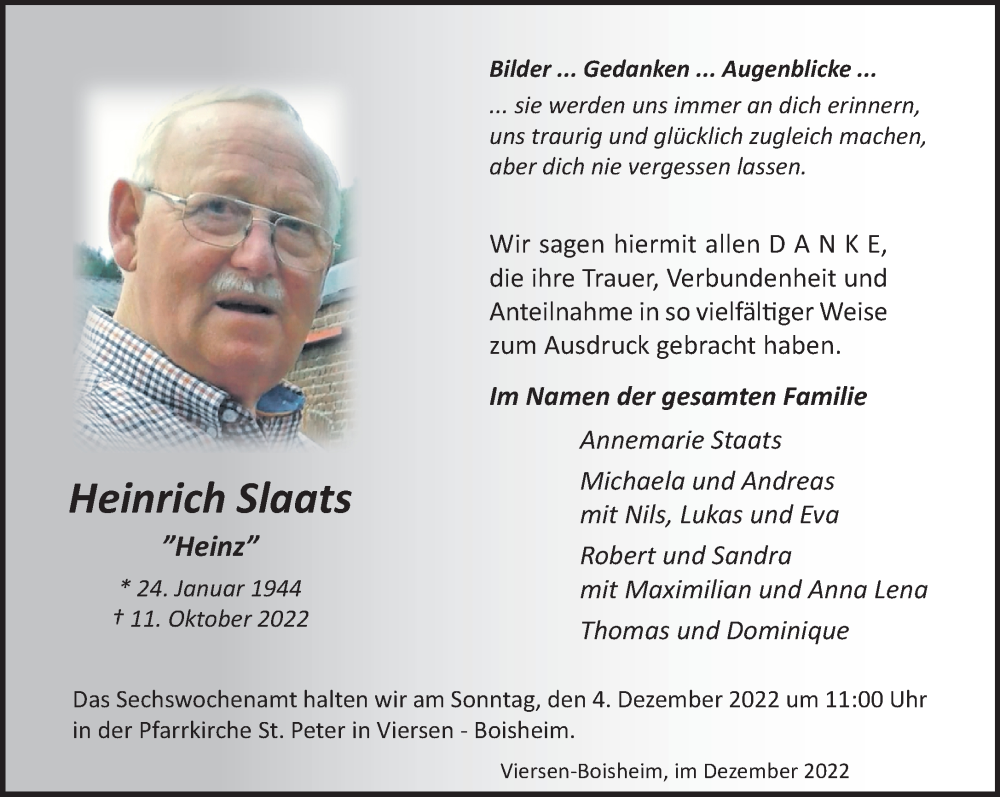  Traueranzeige für Heinrich Slaats vom 27.11.2022 aus trauer.extra-tipp-moenchengladbach.de