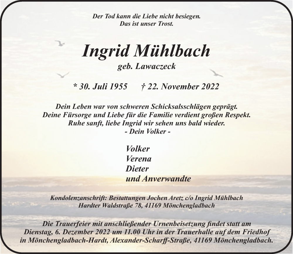  Traueranzeige für Ingrid Mühlbach vom 27.11.2022 aus trauer.extra-tipp-moenchengladbach.de