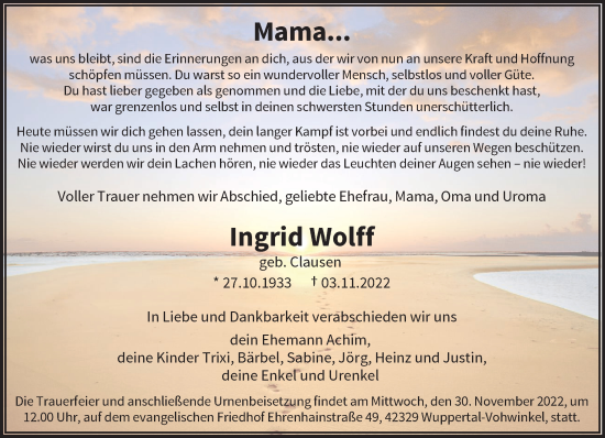 Traueranzeige von Ingrid Wolff von trauer.wuppertaler-rundschau.de