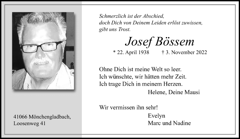  Traueranzeige für Josef Bössem vom 27.11.2022 aus trauer.extra-tipp-moenchengladbach.de