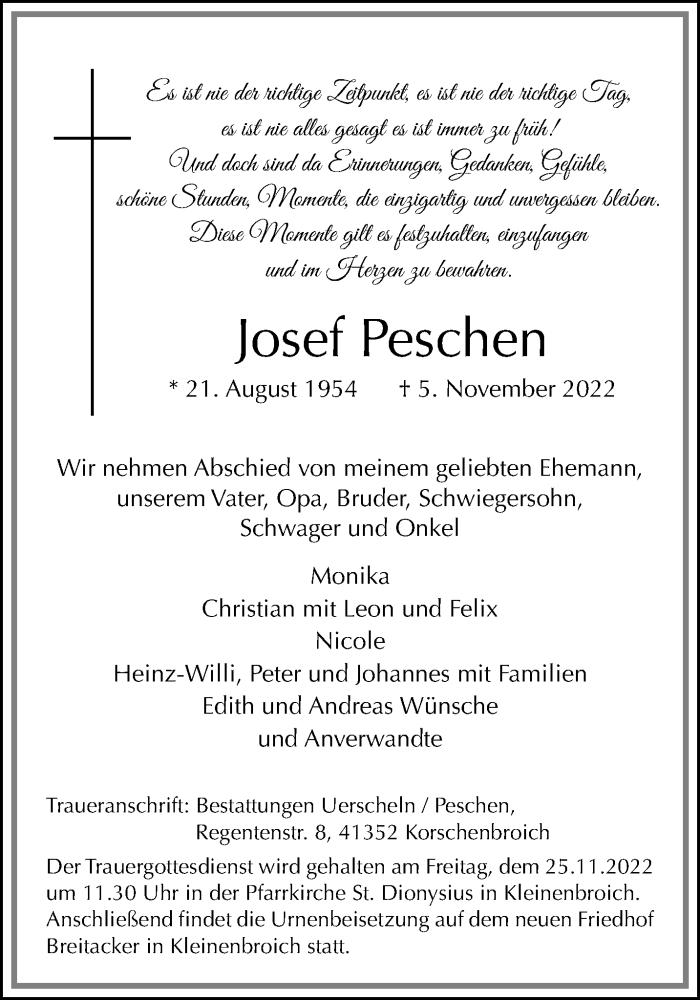  Traueranzeige für Josef Peschen vom 20.11.2022 aus trauer.extra-tipp-moenchengladbach.de