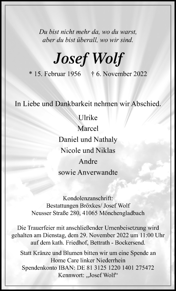  Traueranzeige für Josef Wolf vom 20.11.2022 aus trauer.extra-tipp-moenchengladbach.de