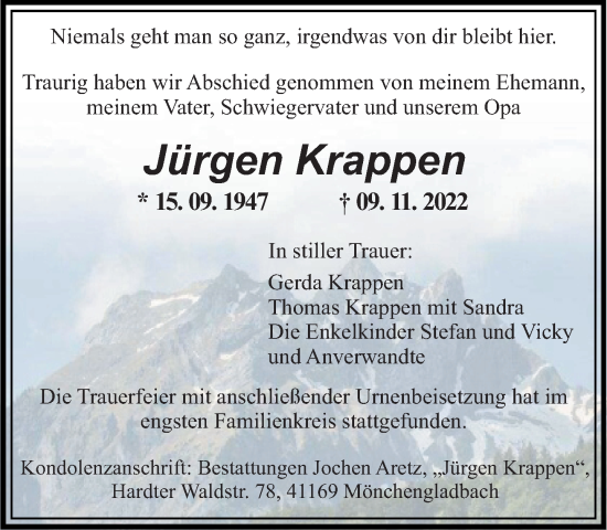 Traueranzeige von Jürgen Krappen von trauer.extra-tipp-moenchengladbach.de