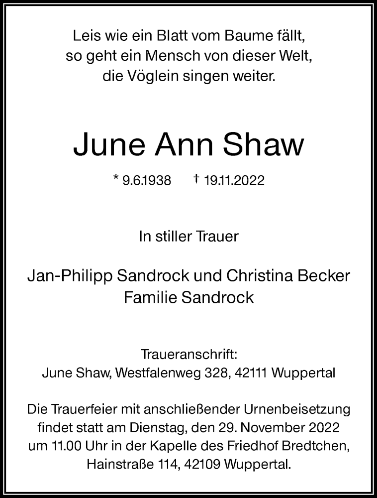  Traueranzeige für June Ann Shaw vom 26.11.2022 aus trauer.wuppertaler-rundschau.de